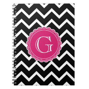 Cuaderno Monograma rosa caliente de Chevron negro