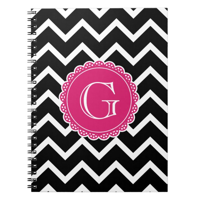 Cuaderno Monograma rosa caliente de Chevron negro (Frente)