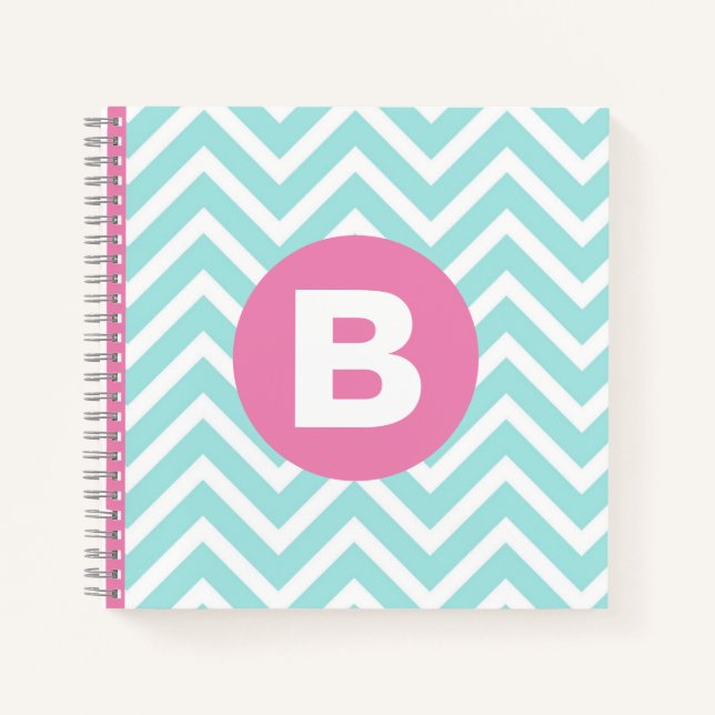 Cuaderno Monograma rosa chevron azul claro de moda (Anverso)