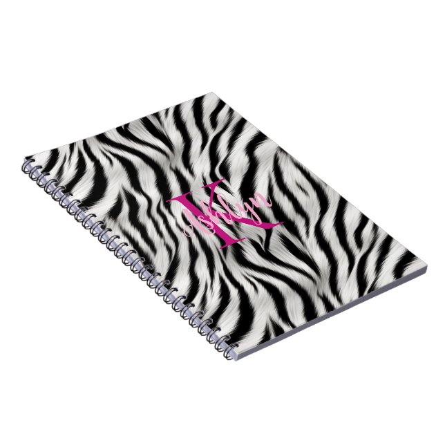 Cuaderno Monograma rosa de cebra blanca y negra elegante (Lado Derecho)