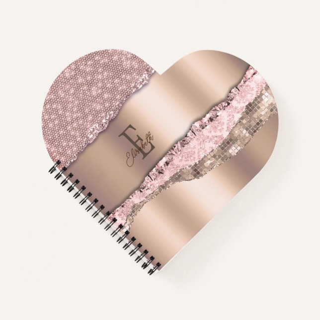 Cuaderno Monograma Rosa de oro de moda Purpurina de diamant (Anverso)