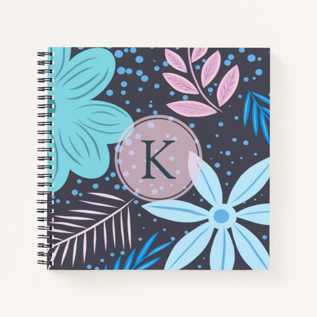 Cuaderno Monograma rosa del patrón moderno de flor azul gra (Anverso)