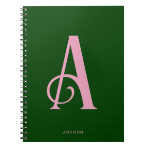 Cuaderno Monograma rosa elegante inicial en verde oscuro
