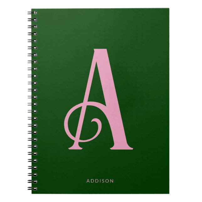 Cuaderno Monograma rosa elegante inicial en verde oscuro (Frente)