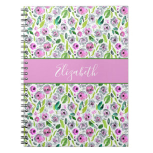 Cuaderno Monograma Rosa Gris Verde Boho Floral Acuarela 