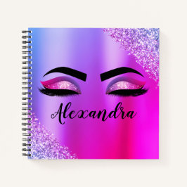 Cuaderno Monograma rosa morado Purpurina Eyelashes modernos
