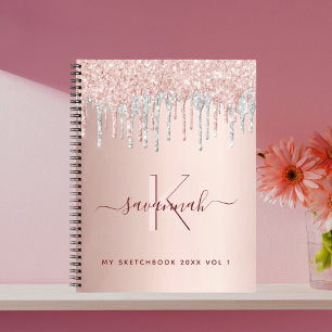 Cuaderno Monograma rosa plateado rosa purpurina de oro