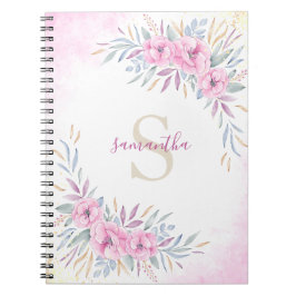 Cuaderno Monograma Rubor Flores rosas color de agua elegant
