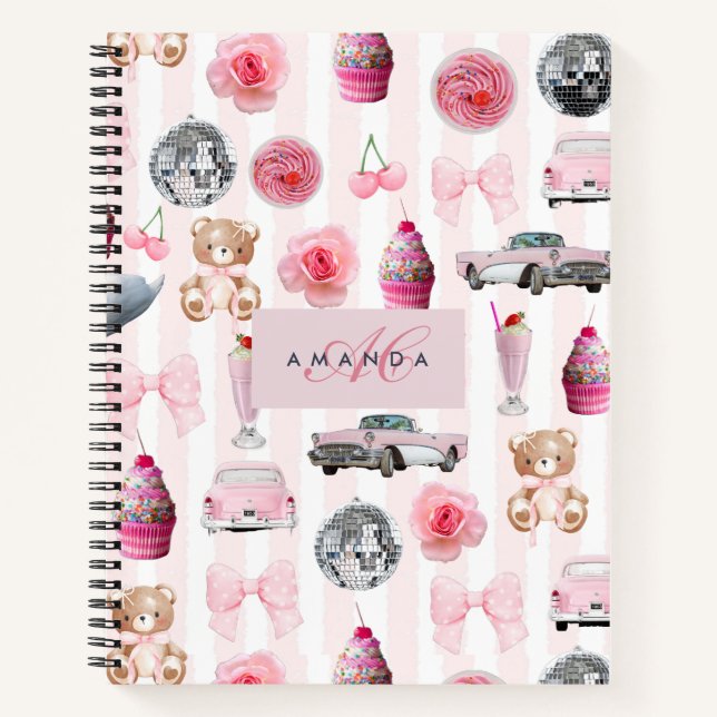 Cuaderno Monograma Rubor Pink Retro Disco Coquette (Anverso)