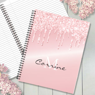 Cuaderno Monograma Rubor Purpurina de goteo rosa metálico