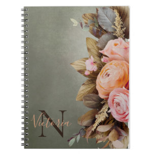 Cuaderno Monograma Rústico Nombre Folleto Floral Rosa Vinta