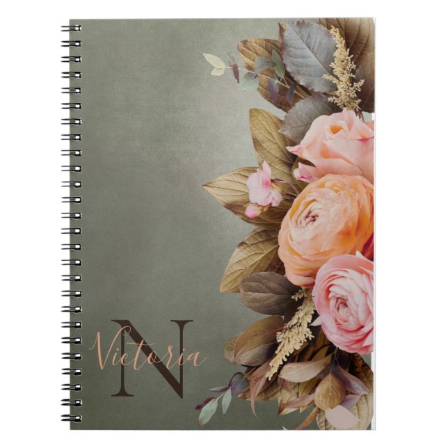Cuaderno Monograma Rústico Nombre Folleto Floral Rosa Vinta (Frente)