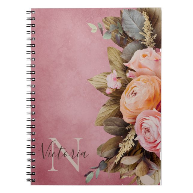 Cuaderno Monograma Rústico Nombre Folleto Floral Rosa Vinta (Frente)