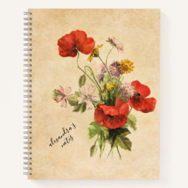 Cuaderno Monograma Rústico Vintage Bouquet Rojo Poppies Bei