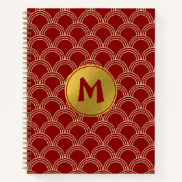 Cuaderno Monograma tradicional del patrón chino rojo y dora