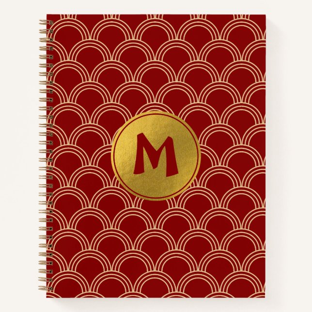 Cuaderno Monograma tradicional del patrón chino rojo y dora (Anverso)