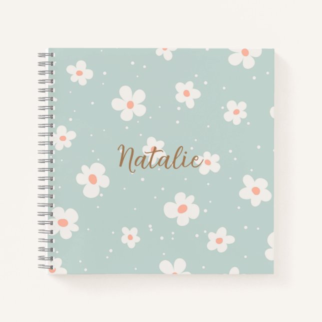Cuaderno Monograma trendy pastel estampado floral azul blan (Anverso)