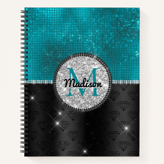 Cuaderno Monograma turquesa negro Purpurina de moda falso p (Anverso)