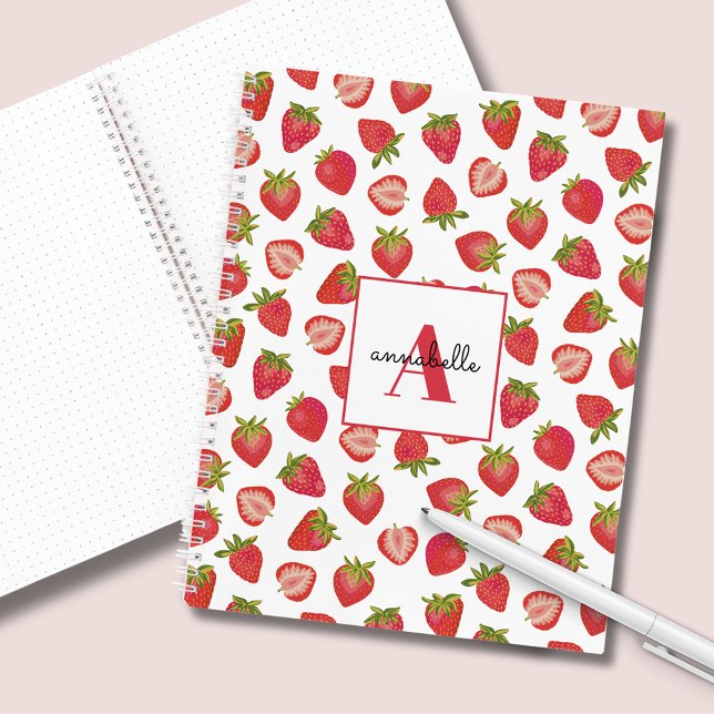 Cuaderno Monograma Verano Fresa Personalizada (Strawberry spiral notebook with monogram and first name.)