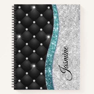 Cuaderno Monograma verde azulado negro de moda faux purpuri