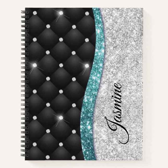 Cuaderno Monograma verde azulado negro de moda faux purpuri (Anverso)
