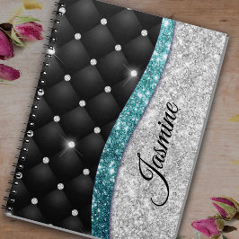 Cuaderno Monograma verde azulado negro de moda faux purpuri