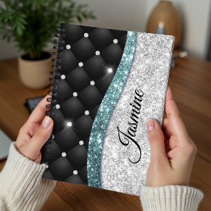 Cuaderno Monograma verde azulado negro de moda faux purpuri