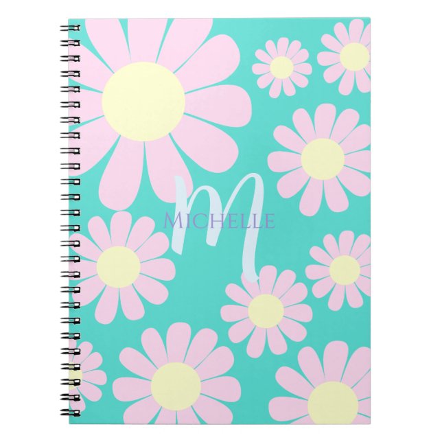 Cuaderno Monograma Verde azulado rosado Daisy (Frente)