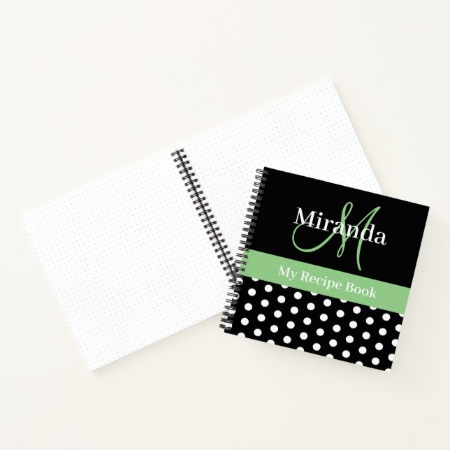 Cuaderno Monograma verde blanco negro Script Polka Dot Rece (Interior)