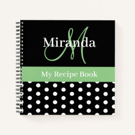 Cuaderno Monograma verde blanco negro Script Polka Dot Rece