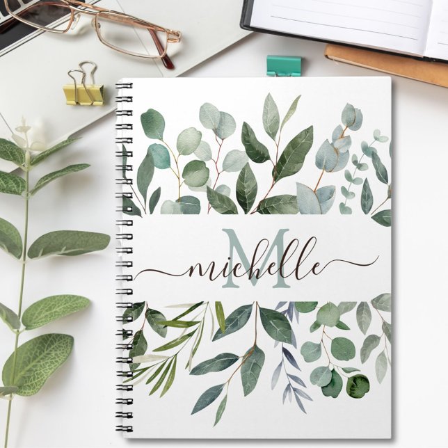 Cuaderno Monograma Verde Menta Eucalipto Hojas Verdes  (In situ)