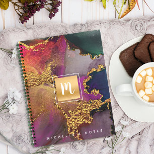 Cuaderno Monograma verde morado de color azul marble acuare