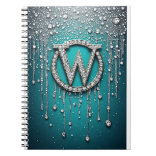 Cuaderno Monograma W en brillo goteante azul verdoso