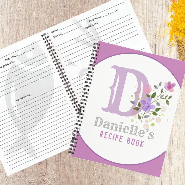 Cuaderno Monograma y nombre con flores (Personalized Recipe Book)