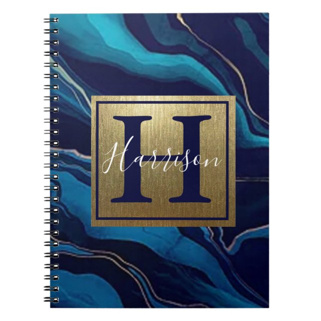 Cuaderno Monograma y nombre de oro de mármol azul marino (Frente)