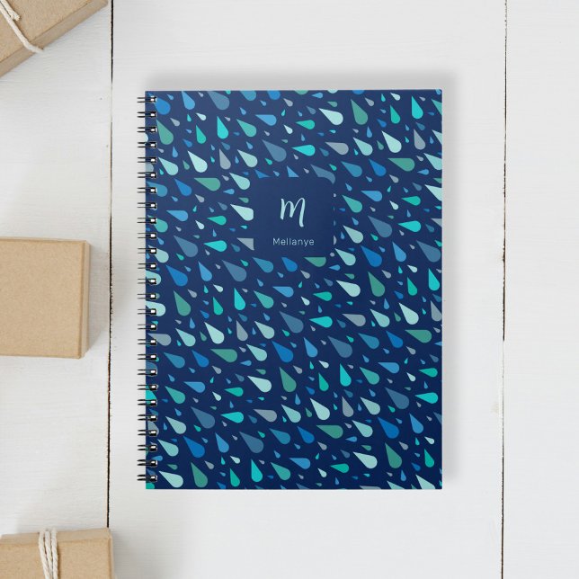 Cuaderno Monograma y nombre del personalizado de gotas de l (Modern blue water drops custom monogram and name notebook)