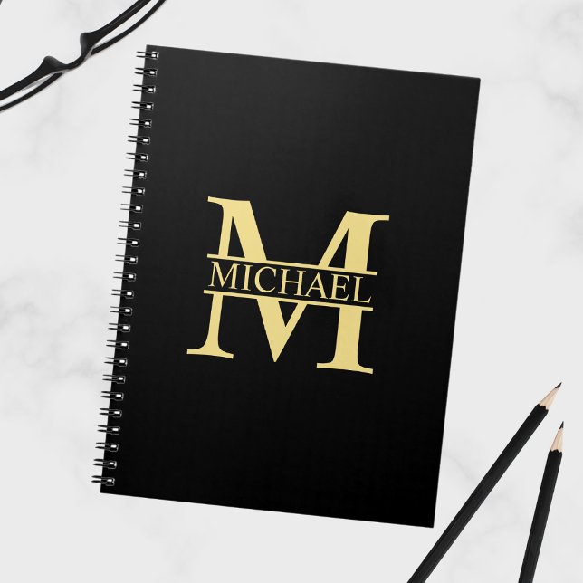 Cuaderno Monograma y nombre personalizados en negro y oro (Subido por el creador)