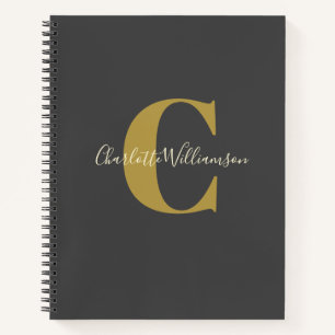 Cuaderno Monograma y nombre personalizados simples en negro