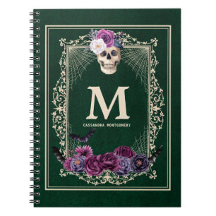 Cuaderno Monograma y nombre verde Personalizado de cráneo f