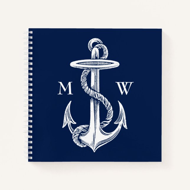 Cuaderno Monogramado azul de la marina azul del ancla blanc (Anverso)