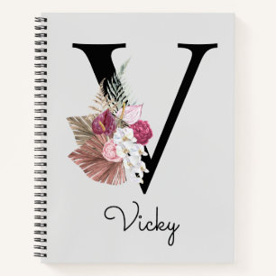 Cuaderno Monogramado Boho rosa Floral Inicial V