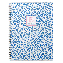 Cuaderno Monogramado de impresión de leopardo azul y blanco