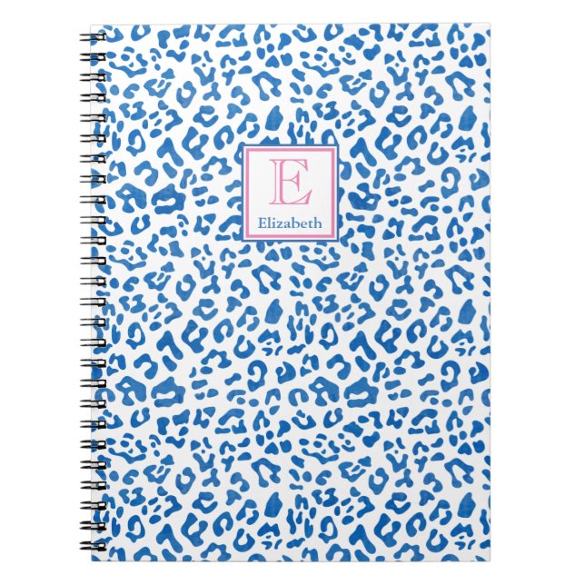 Cuaderno Monogramado de impresión de leopardo azul y blanco (Frente)