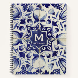 Cuaderno Monogramado de mosaico blanco azul geométrico vint