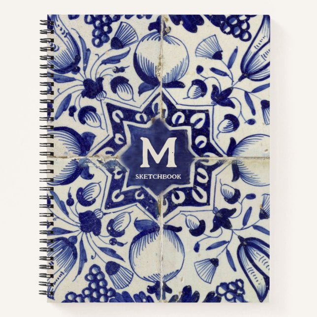 Cuaderno Monogramado de mosaico blanco azul geométrico vint (Anverso)