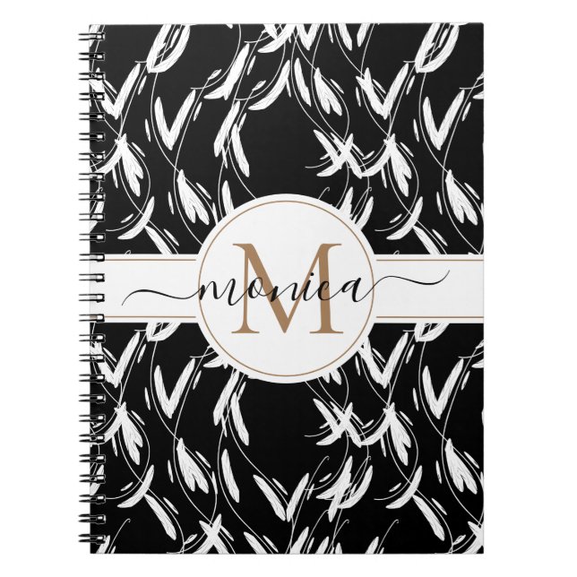 Cuaderno Monogramado de oro botánico floral blanco y negro (Frente)