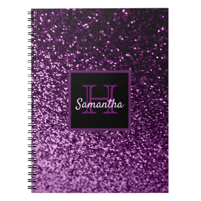 Cuaderno Monogramado de un brillante glam violeta purpurina (Frente)
