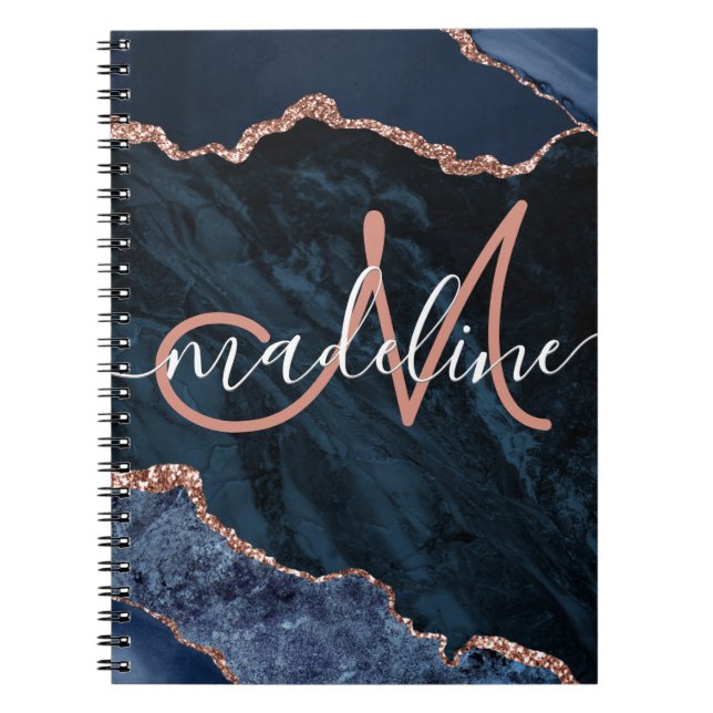 Cuaderno Monogramado Purpurina de la Marina Blue Geode Agat (Frente)