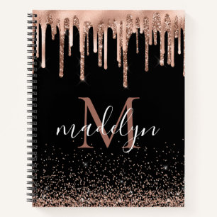 Cuaderno Monogramado Purpurina de oro negro y Rosa moderno