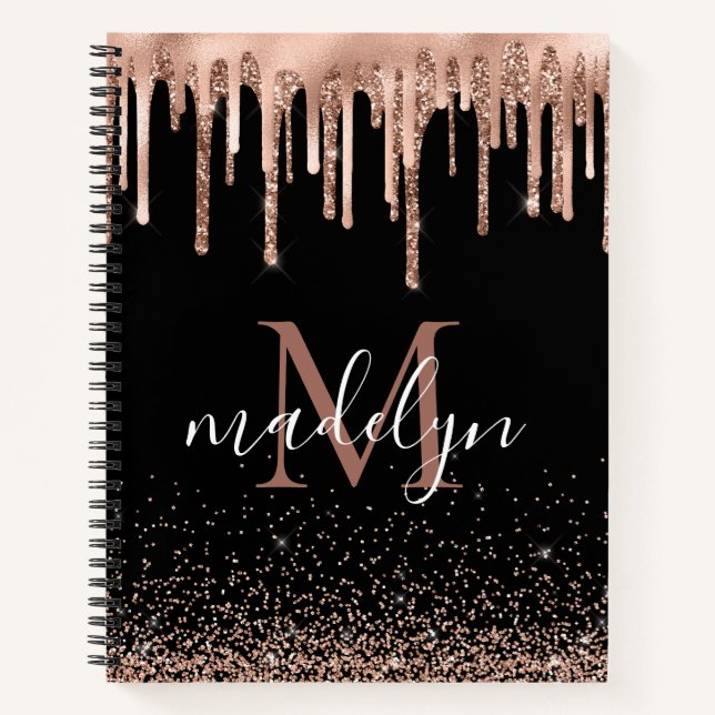 Cuaderno Monogramado Purpurina de oro negro y Rosa moderno (Anverso)